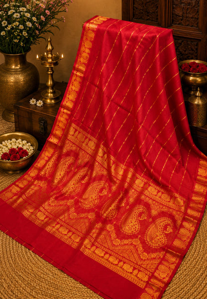 Sungudi Cotton Saree-Red with Veldhari Pattern & Rich Pallu