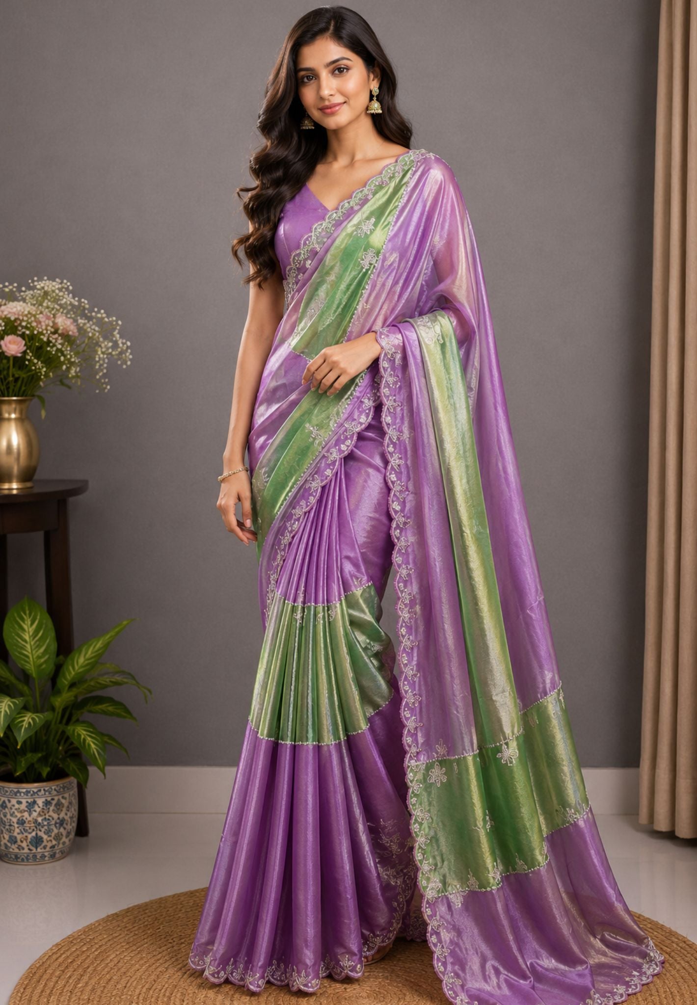 Designer Saree-Green&Purple Duo Tone Encrusted with Scalloped Stone Work