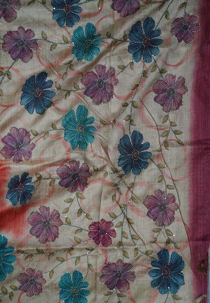 Semi Tussar Saree-Orange with Kantha Work
