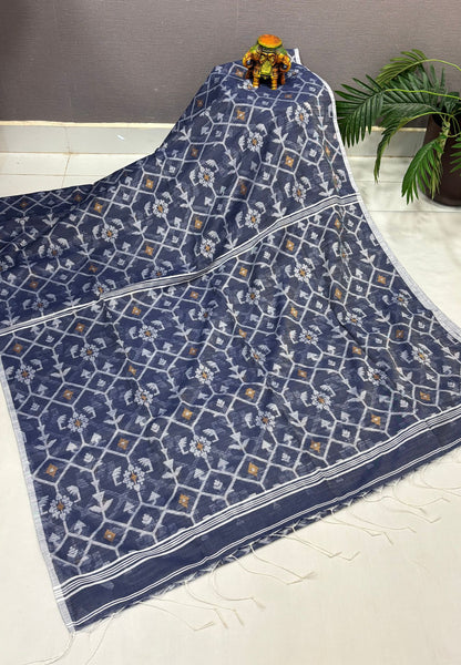 Handloom Cotton Saree-Space Blue in Diamond Pattern Border