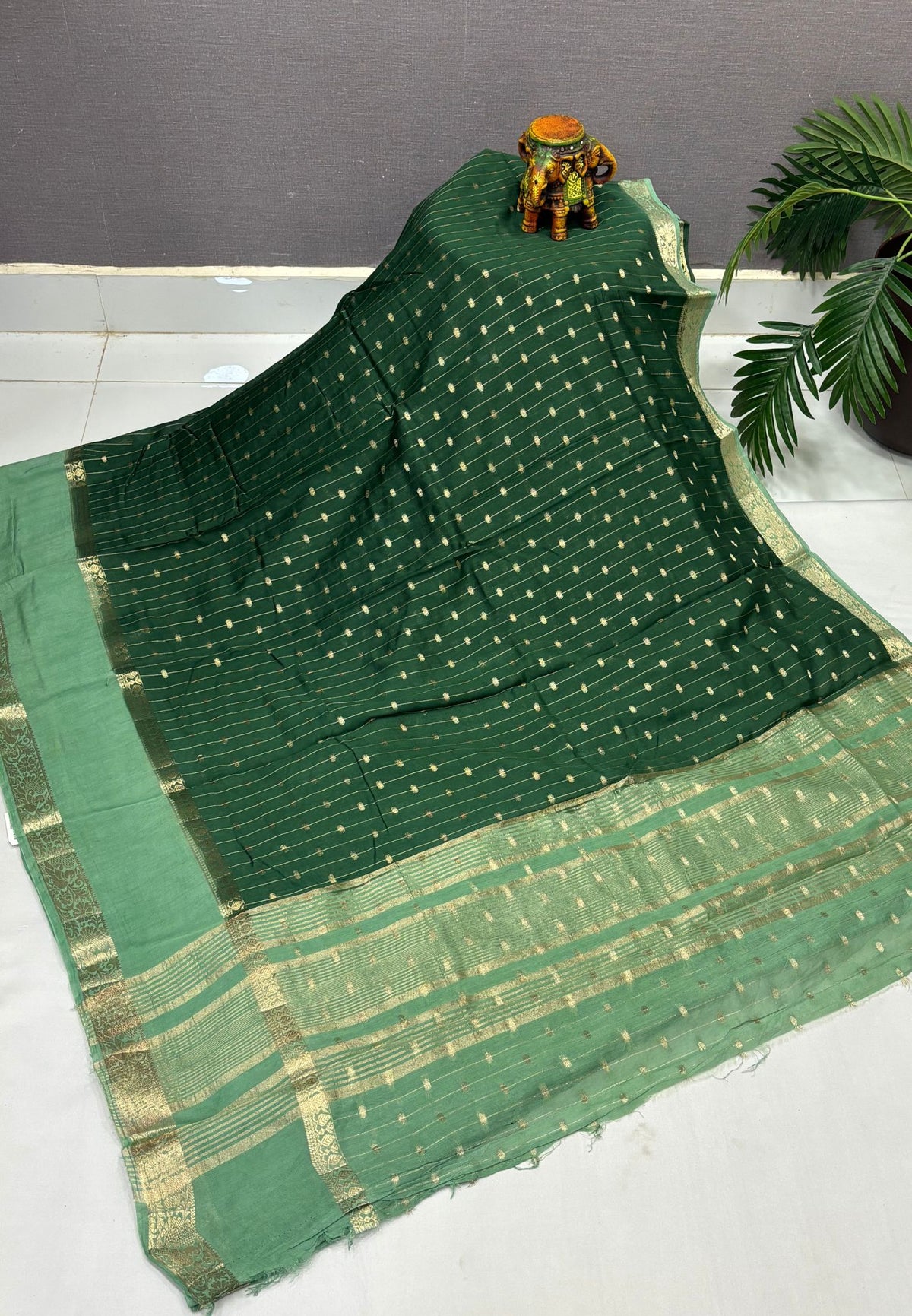 Banarasi Tussar Saree-Bottle Green in Retpet Zari Border