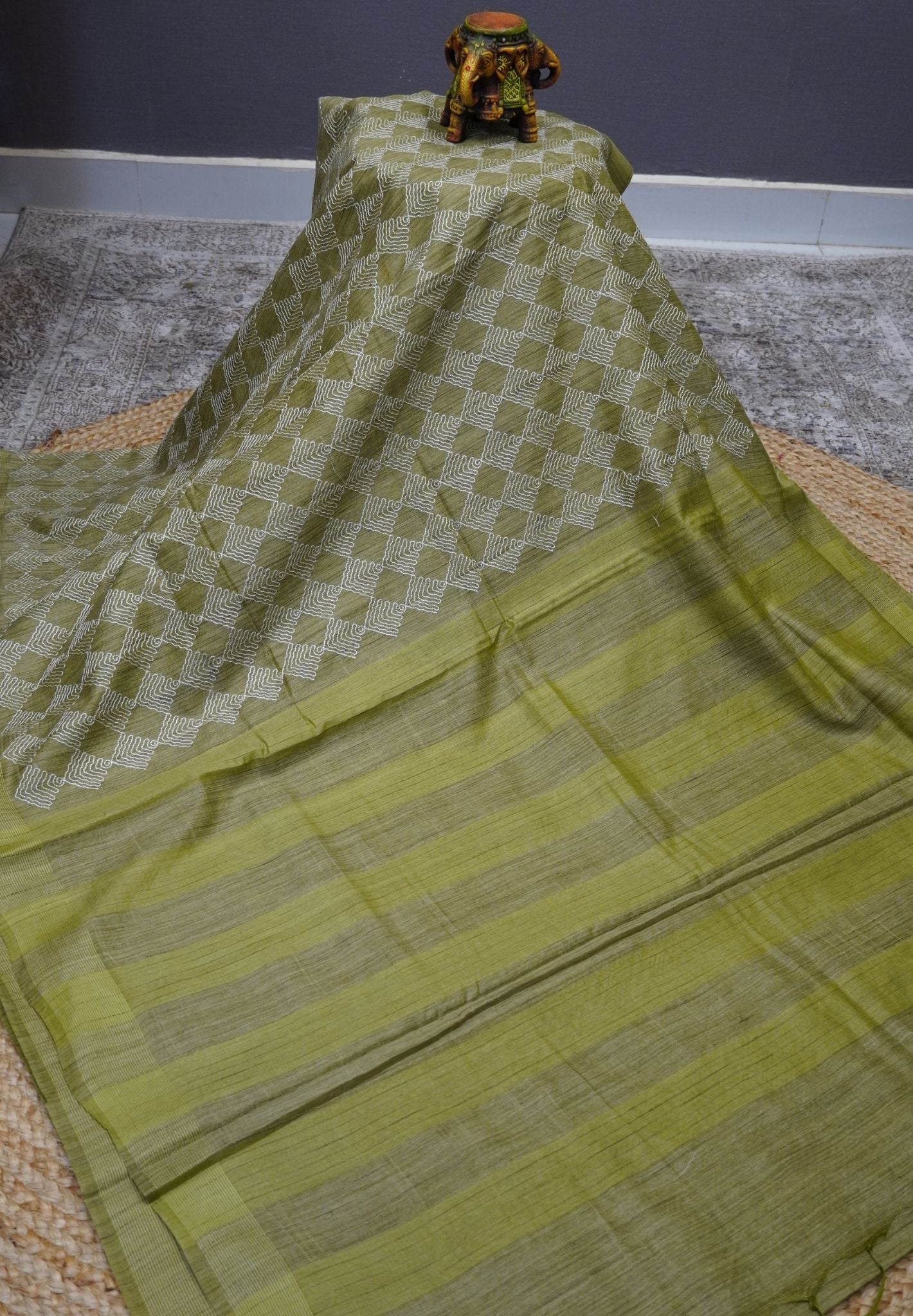 Kota Tussar Saree-Elachi Green Embroidery