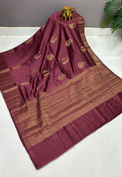 Pure Chinya Silk Saree-Dry Leaf Green In Antique Jaali Brocade Border