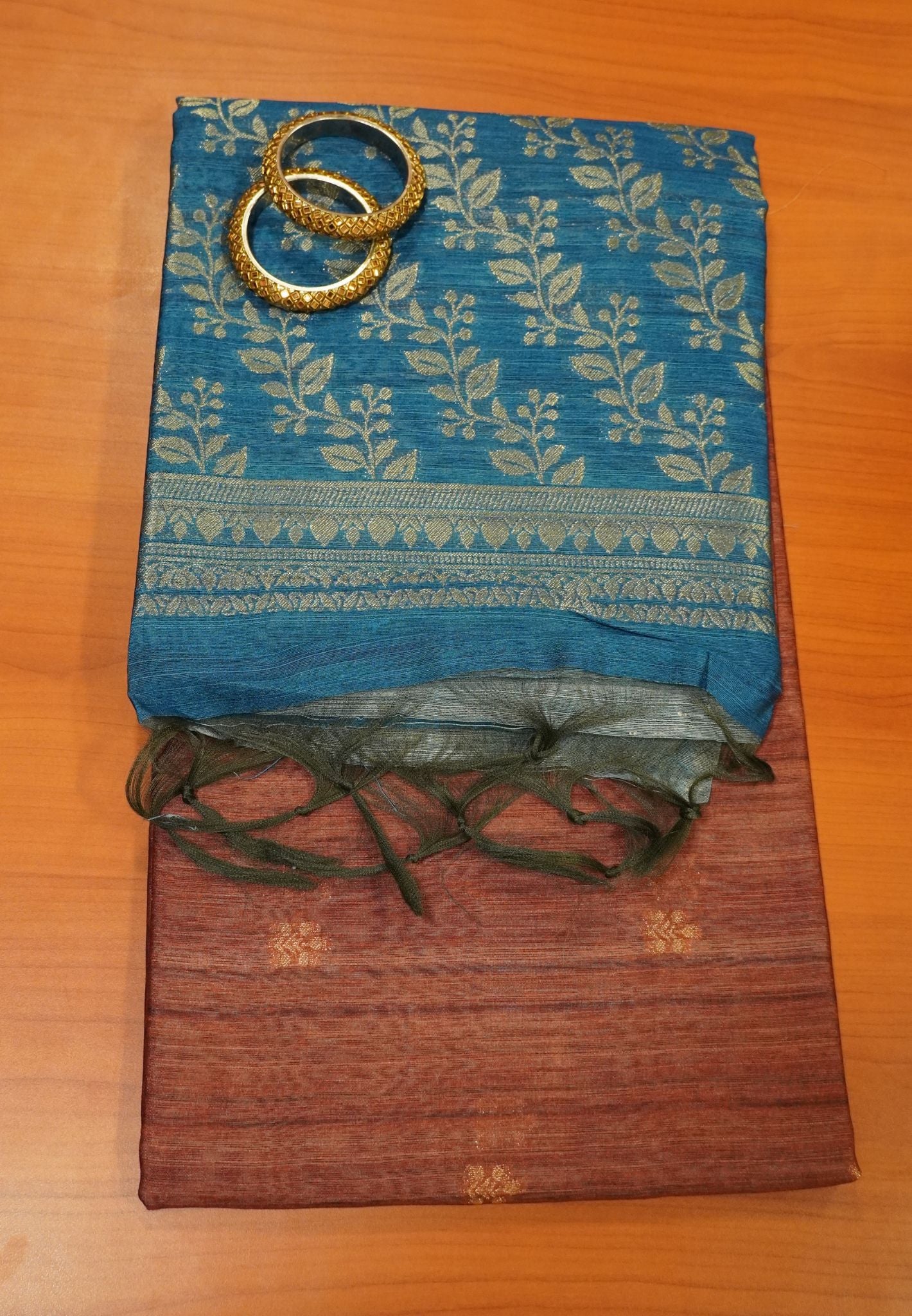 Linen Saree - Brown - Blue