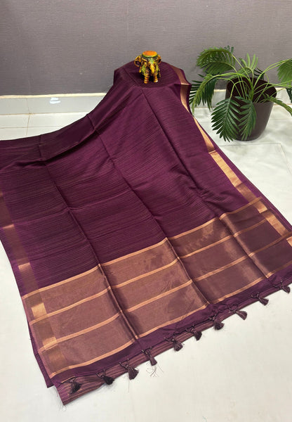 Matka Tussar Saree-Elegant Handwoven Saree with Wine in  Fine Zari Stripes