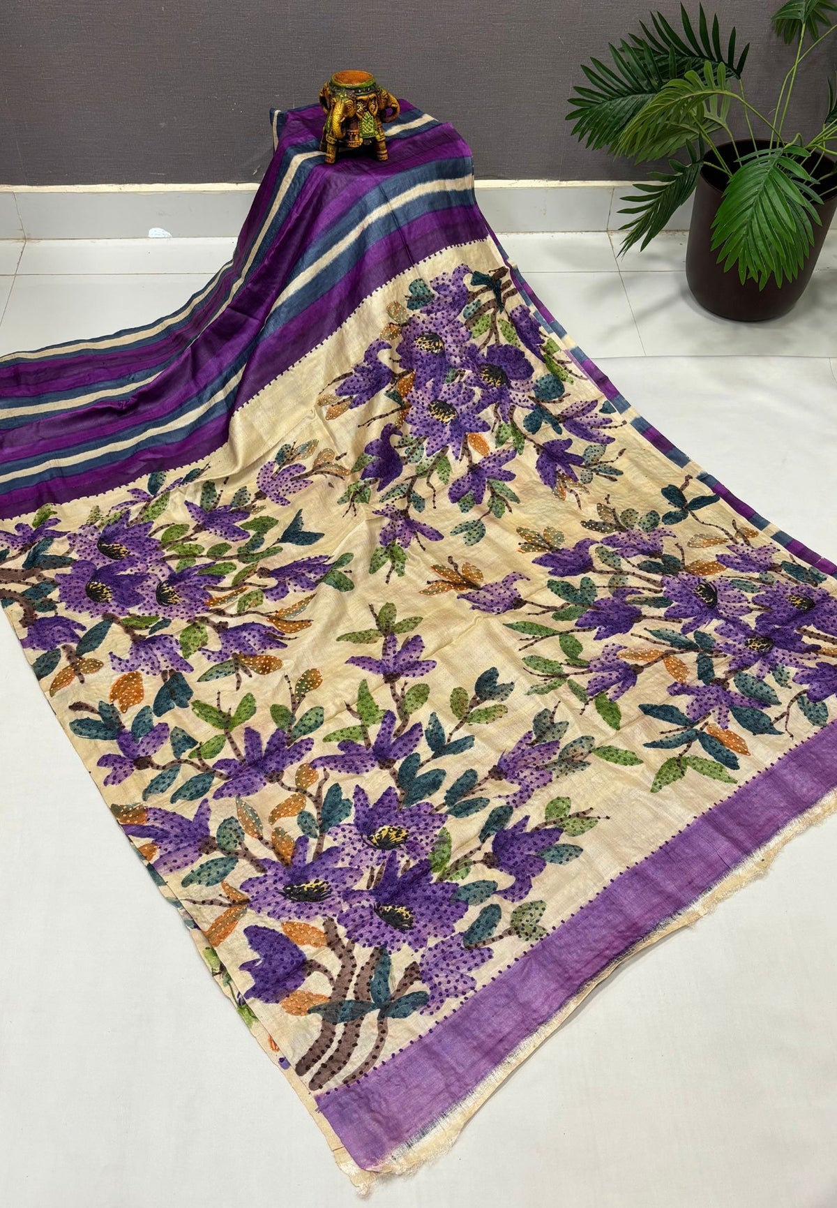 Pure Tussar Saree-Purple In Stripe French Knot Border