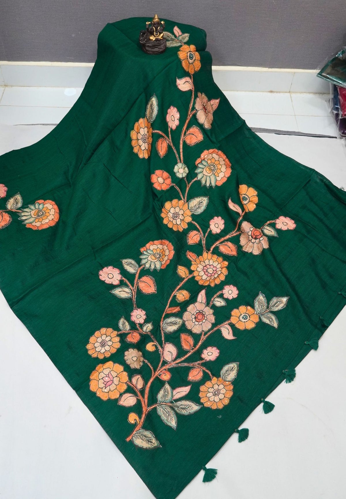 Semi Raw Silk Saree - Green With Floral Hand-Painted Designs