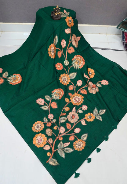 Semi Raw Silk Saree - Green With Floral Hand-Painted Designs