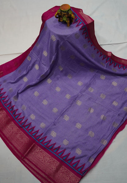 Dola Saree with Checks and Contrast Border- Lavender - Magenta