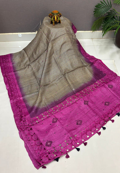 Pure Tussar Saree-Purple In Zigzag Chevron With Contrast Border