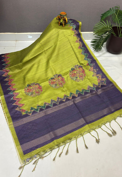 Semi Tussar Saree-Olive Green in Zigzag Tribal Pattern Border