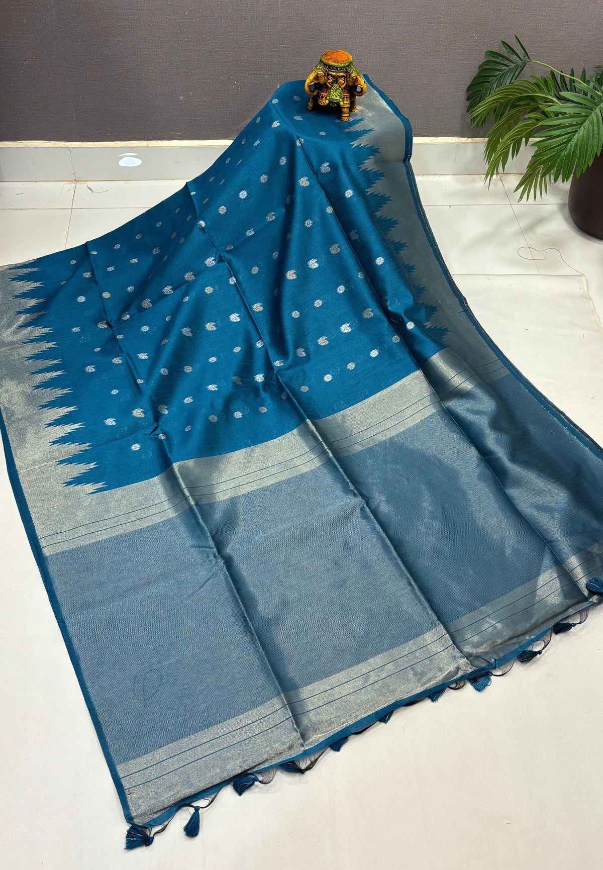 Semi Raw Silk Saree-Peacock Blue In Tower Zari Border