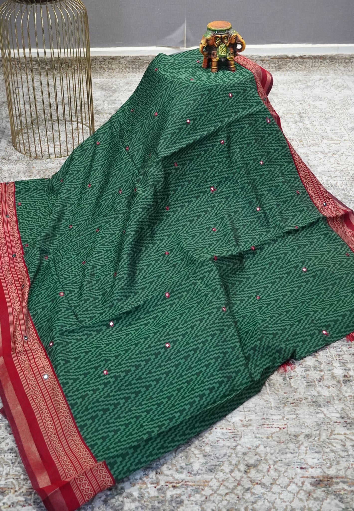 Malai Cotton Mirror Work Saree-Green