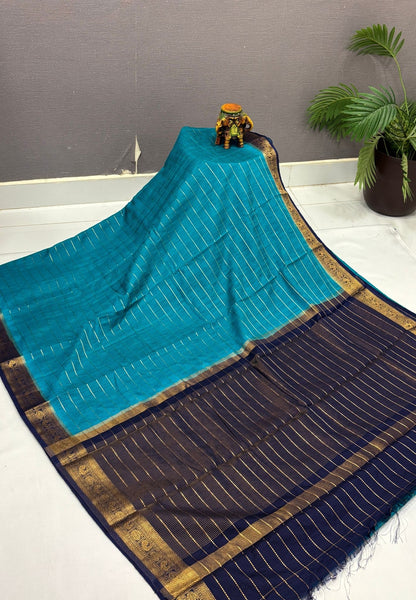 Semi Raw Silk Saree-Ramar Blue in Zari Lines with Contrast Annam Border