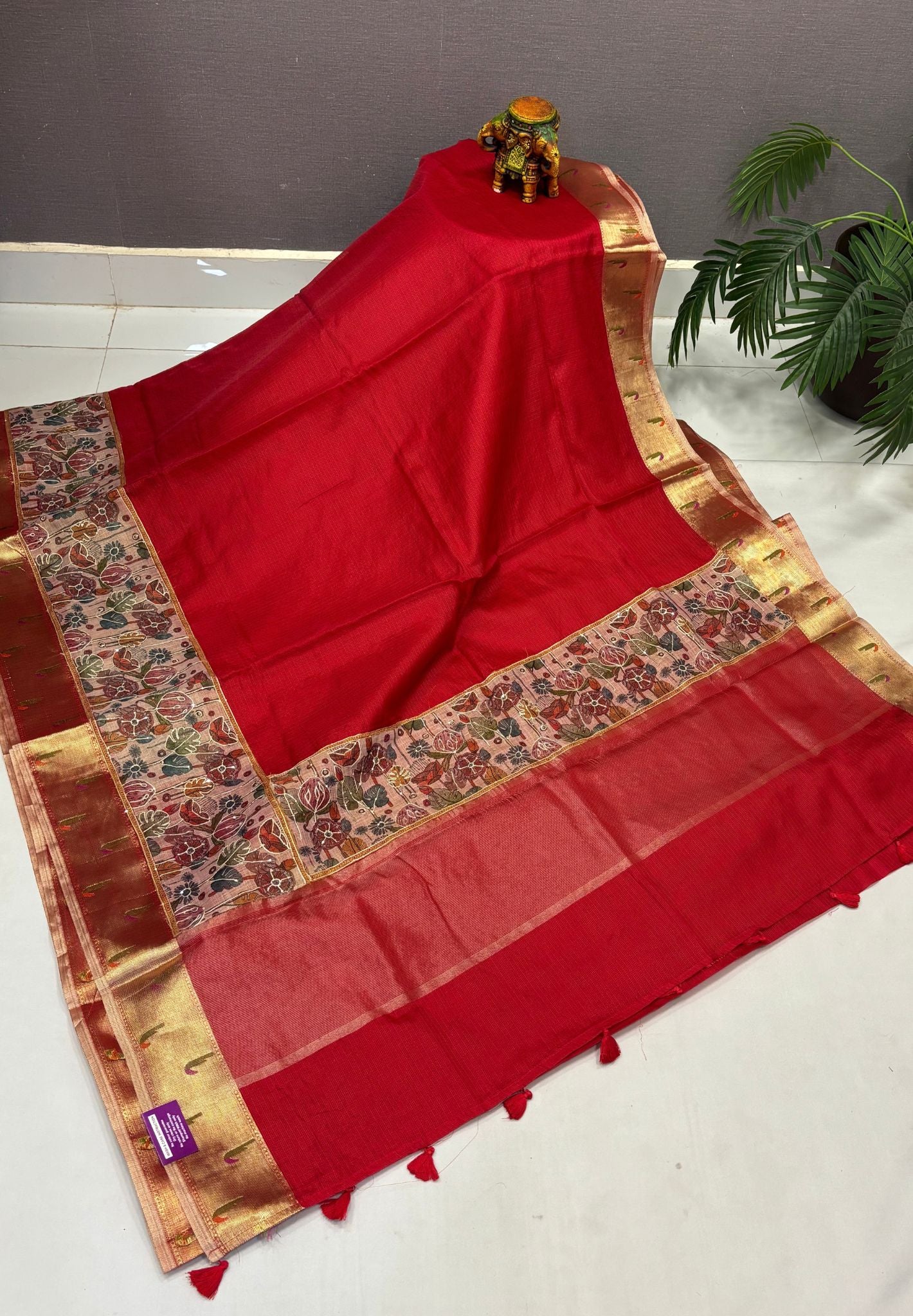 Silk Kota Saree-Red In Kalamkari Embroidery Border