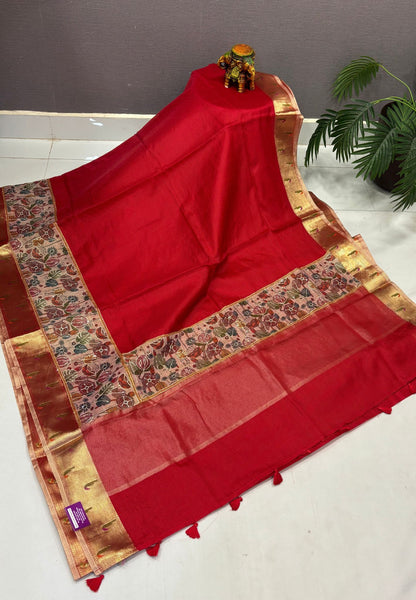 Silk Kota Saree-Red In Kalamkari Embroidery Border