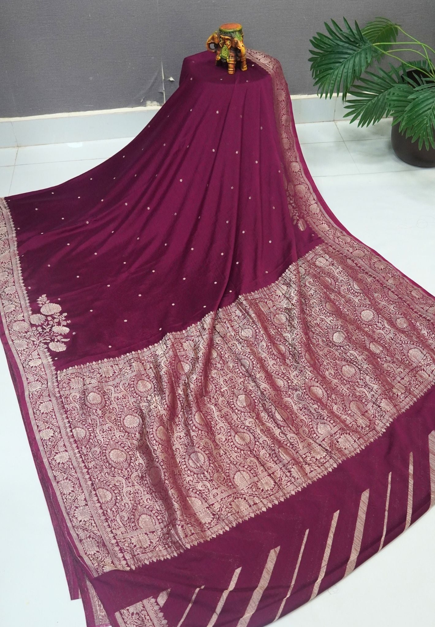 Chinon Silk Saree-Wine with Antique Floral Border