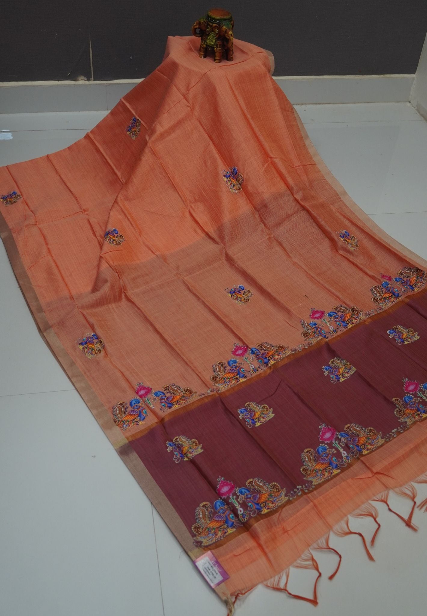 Cora Linen Saree- Pale Orange with Tanjore Print