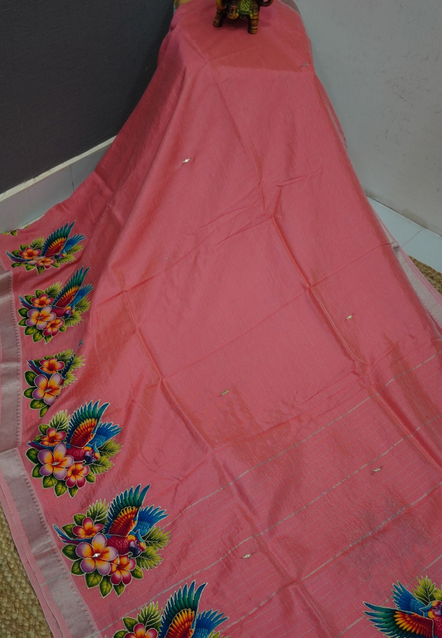 Pure Mangalgiri Silk Saree- Peacock Green with Appliqué Work