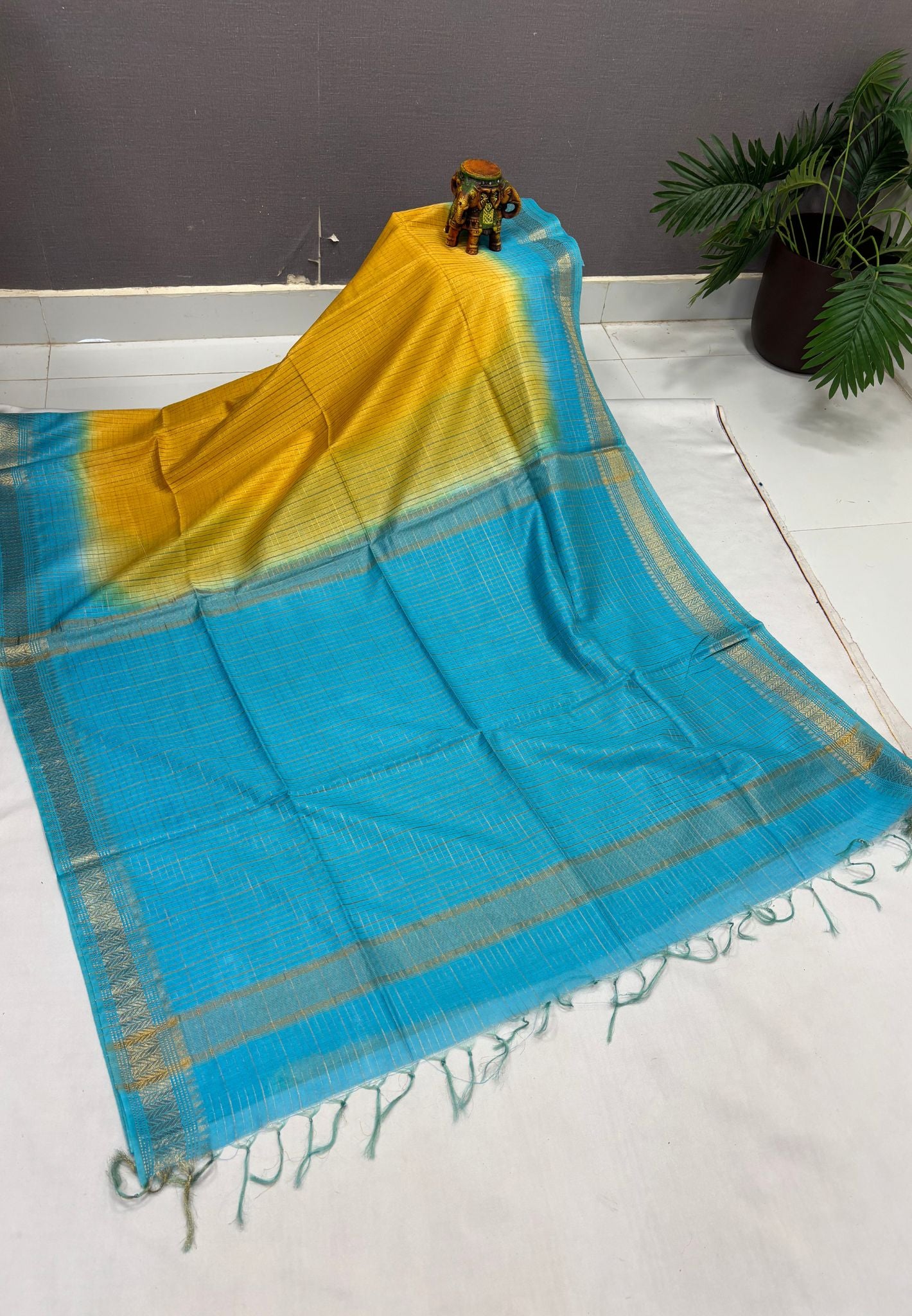 Semi Bhagalpur Tussar Saree-Yellow in Zari checks with Contrast Border