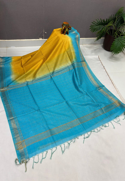 Semi Bhagalpur Tussar Saree-Yellow in Zari checks with Contrast Border