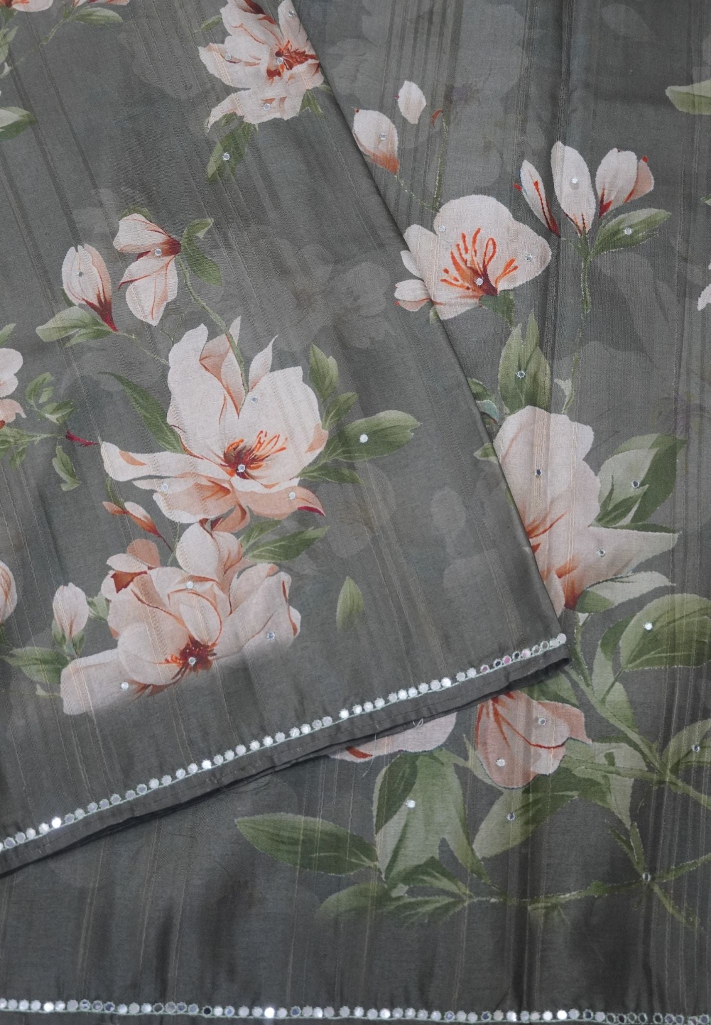 Matka Tussar Saree-Army Green with Floral Pattern and Mirror Work