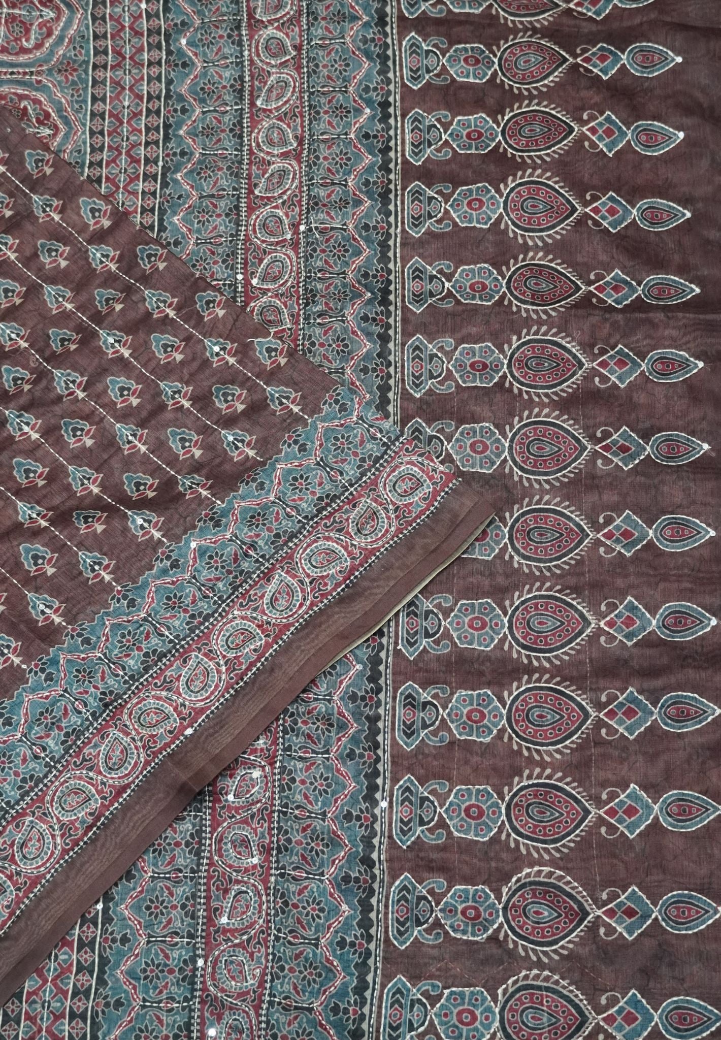 Semi Chanderi Saree- Brown with Kantha Work