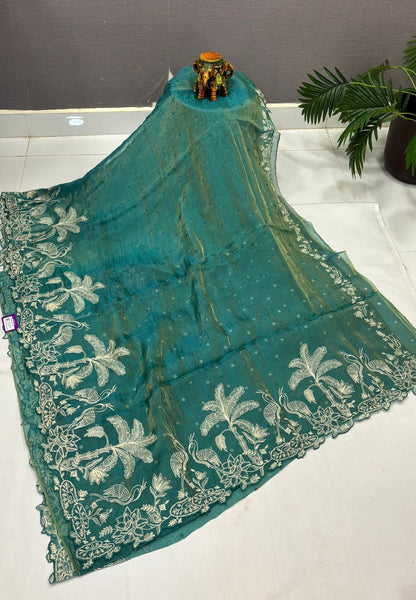 Tissue Organza Saree-Blue In Tropical Garden Border