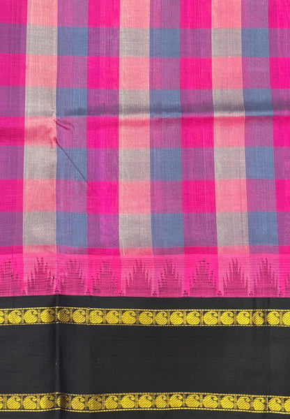 Pure Silk Cotton Saree–Pink in Checked Zari with Contrast Border