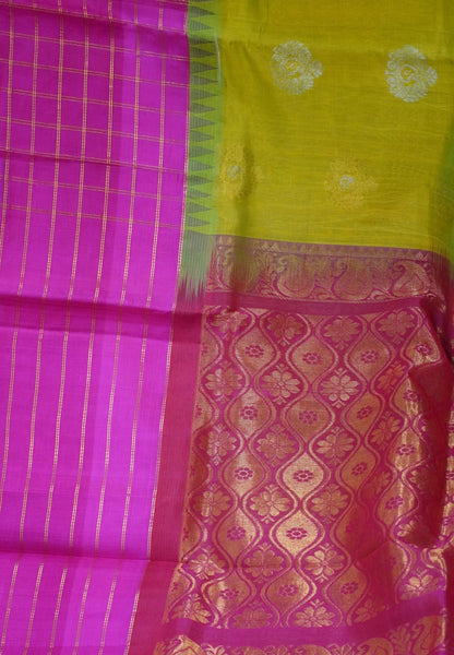 Silk Cotton Saree-Olive Green with Checkered Pink Border