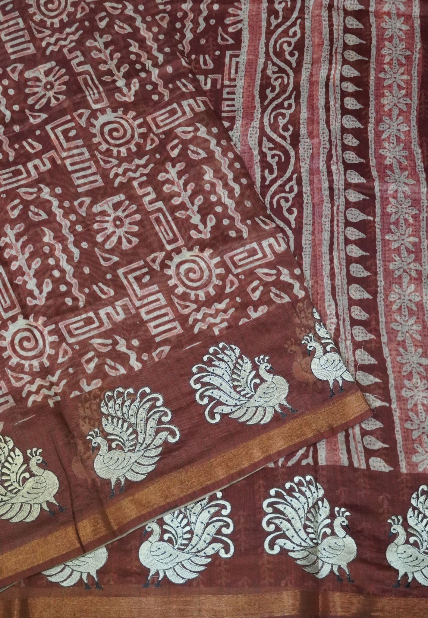 Semi Chanderi Saree-Honey with Peacock Embroidery