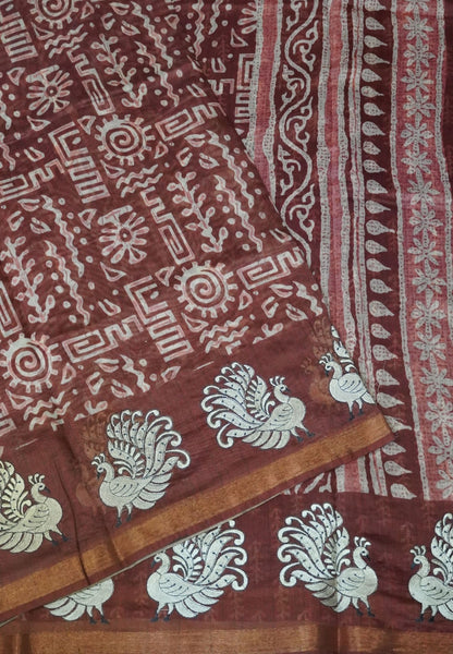 Semi Chanderi Saree-Honey with Peacock Embroidery