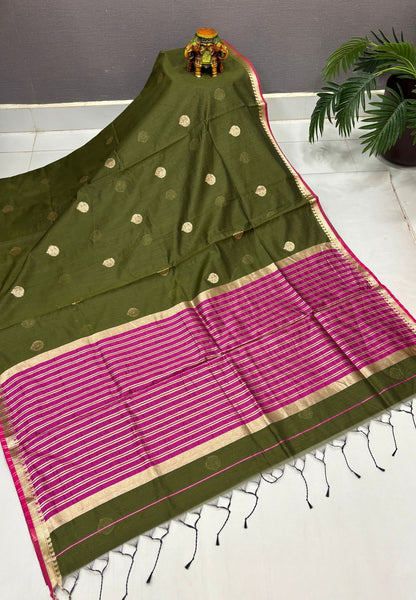 Semi Maheswari Saree-Olive Green In Golden Stripe Border