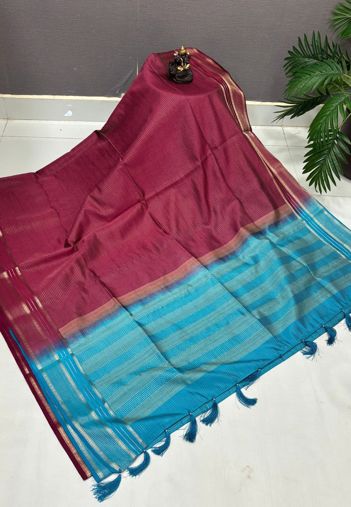 Mulberry Silk Saree-Maroon In Striped Zari With Contrast Border