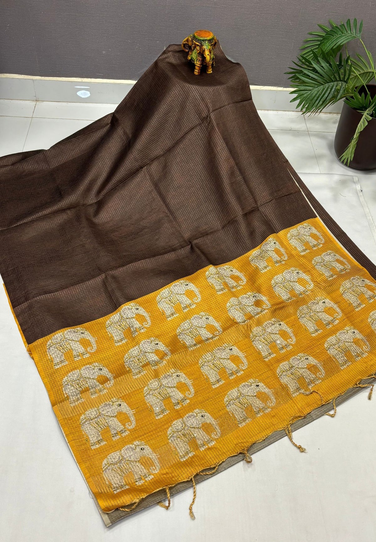 Tussar Saree-Brown In Elephant Motif Border