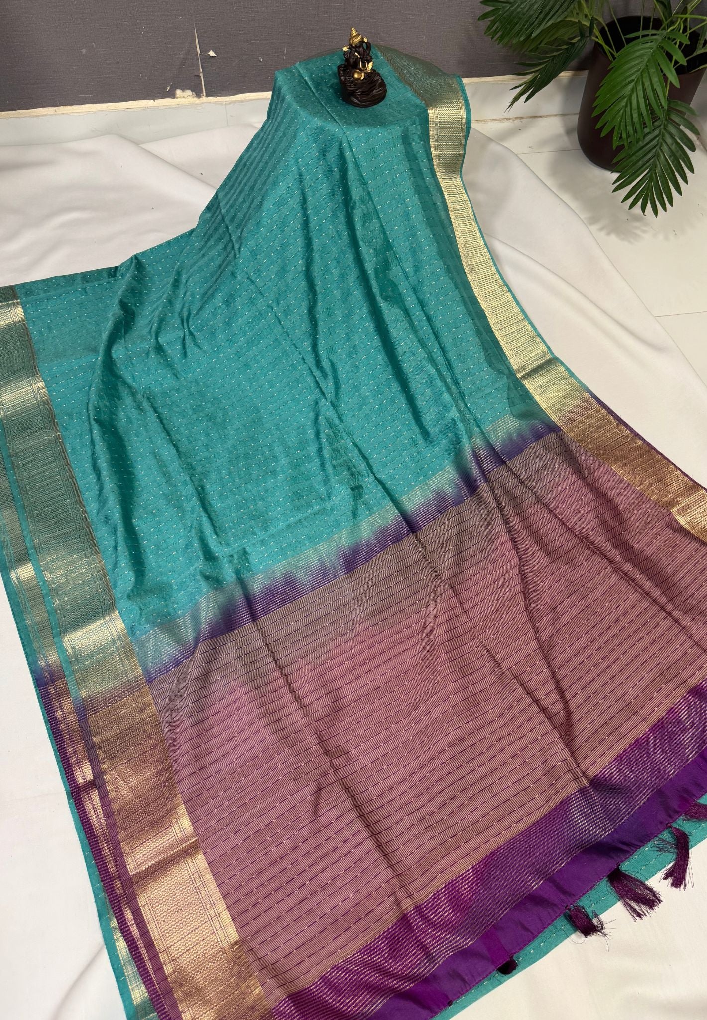 Semi Tussar Saree-Sea Green with Zari Lines