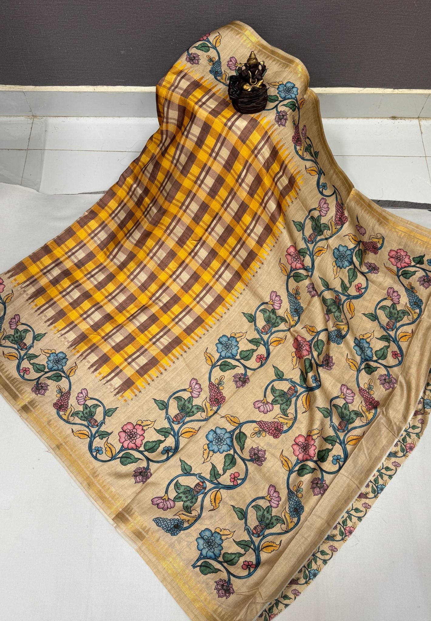 Semi Tussar Saree - Brown Madras Checks With Floral Designs
