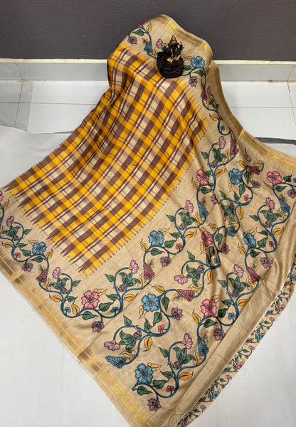 Semi Tussar Saree - Brown Madras Checks With Floral Designs