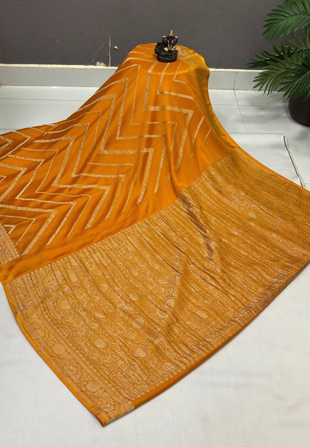 Chinon Silk Saree-Mango Yellow with Antique Floral Border