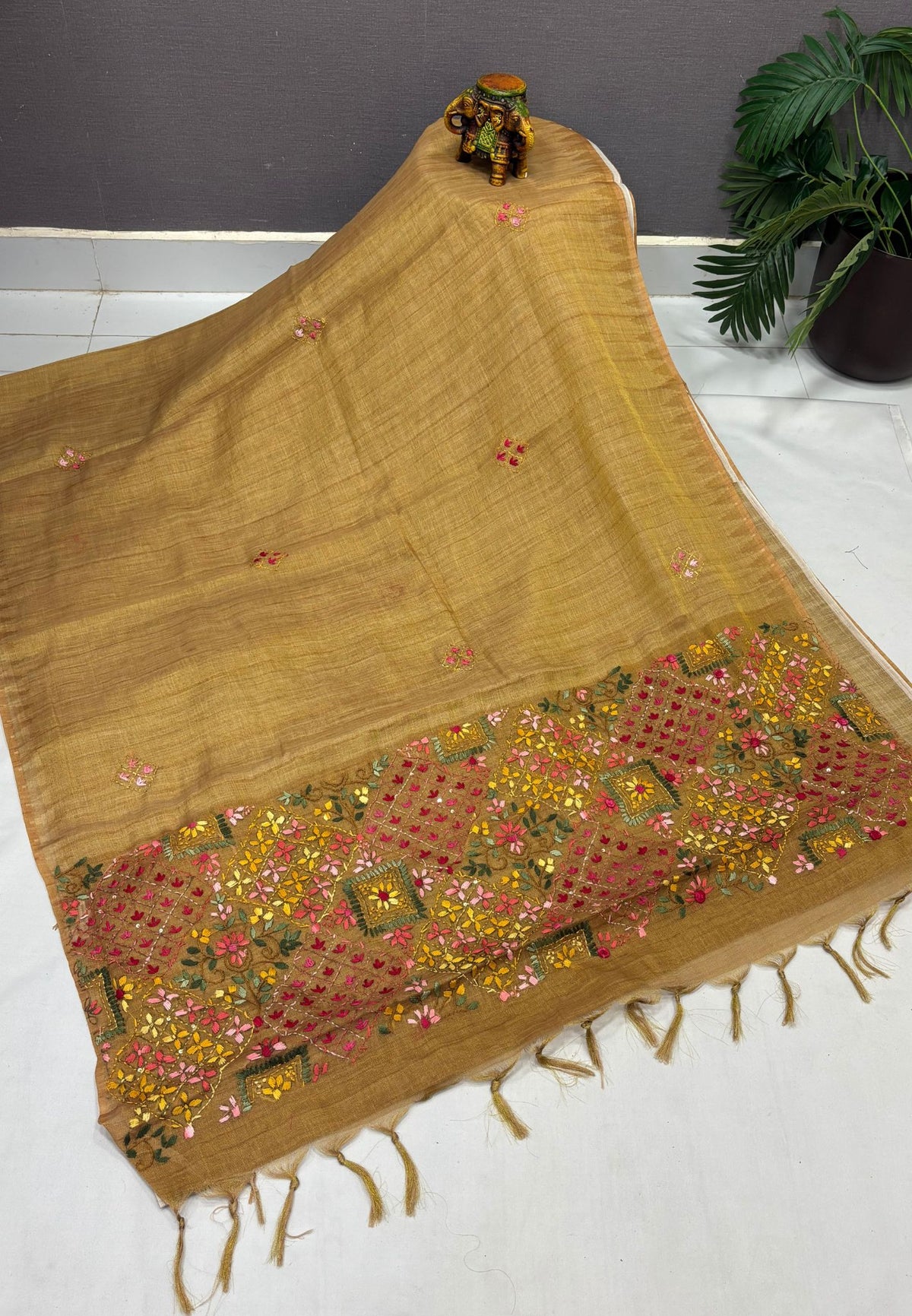 Tissue Linen Saree-Mustard in Phulkari Embroidery Border