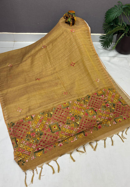 Tissue Linen Saree-Mustard in Phulkari Embroidery Border
