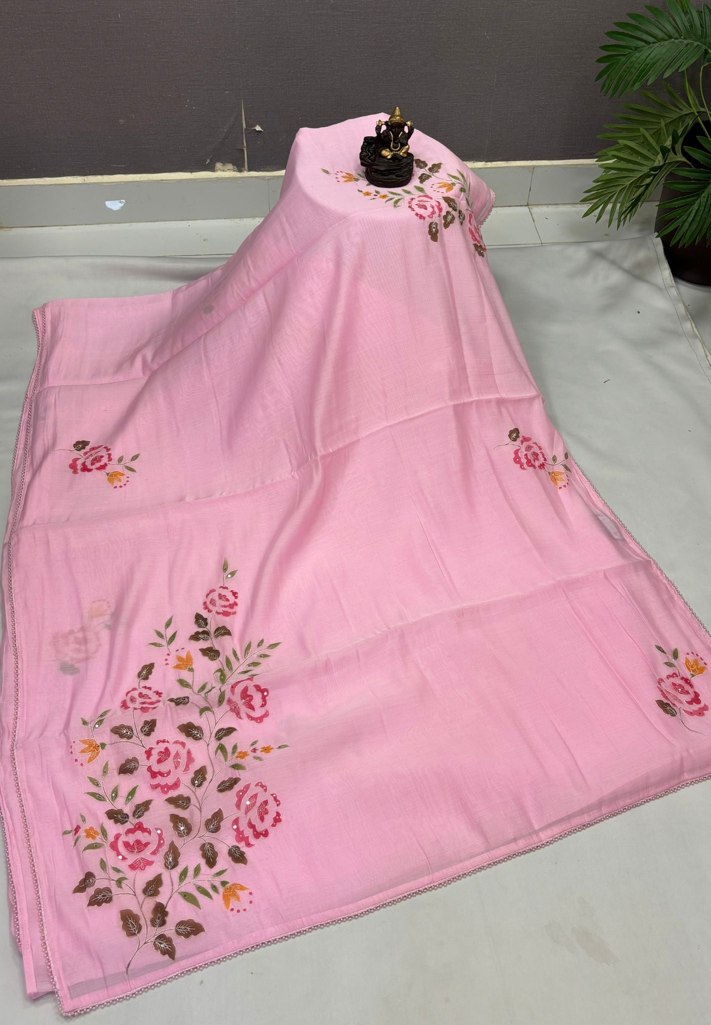 Muslin Saree-Pink With Floral Patten
