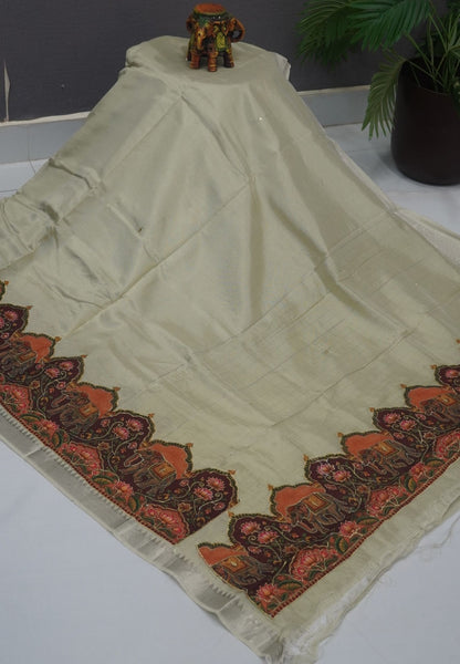 Pure Mangalgiri Silk Saree-Elachi Green in Tanjore Print with Aplique Work