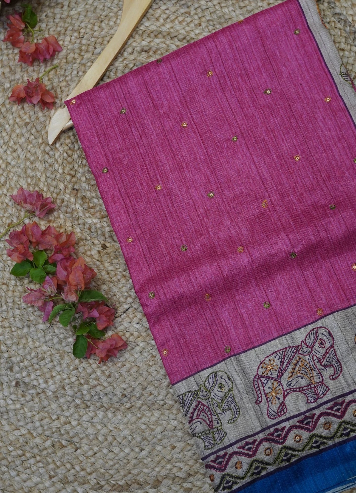 Semi Tussar Saree –  Peach Pink Elephant Design