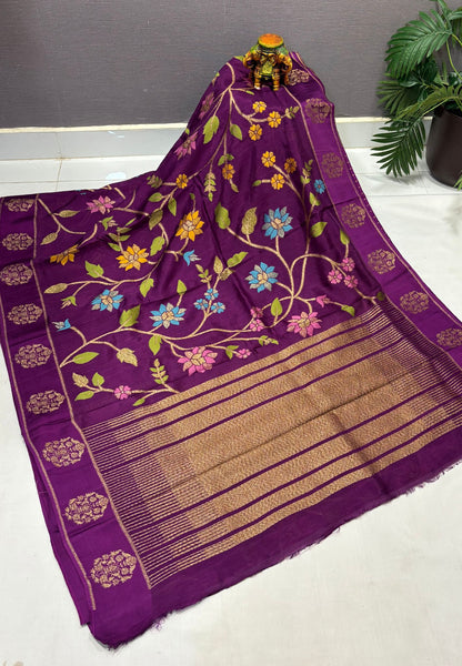 Kattan Silk Saree-Purple in Floral Vine Zari Border