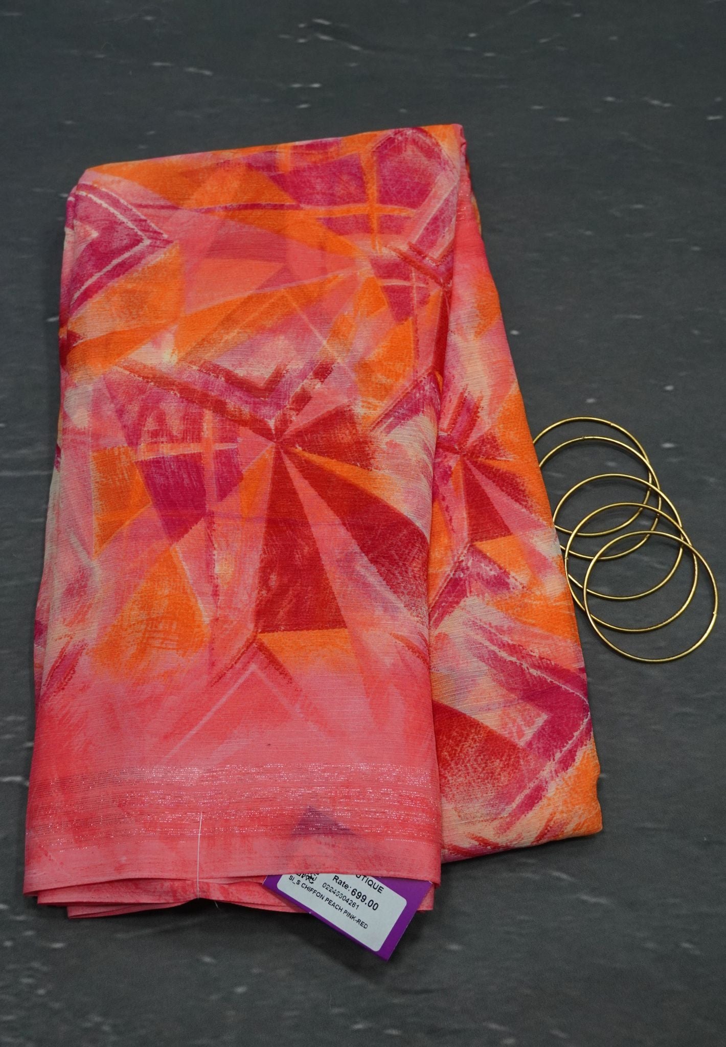 Chiffon Saree - Peach Pink - Red