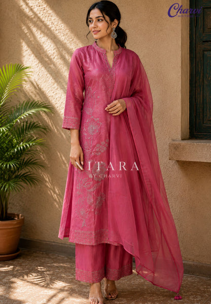 3 Pcs Rose Pink Kurti Set