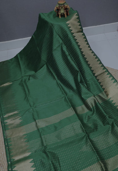 Semi Raw Silk Saree-Dark Green in Checked Zari
