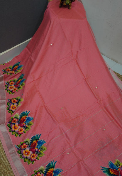 Pure Mangalgiri Silk Saree-Peach Pink with Appliqué Work