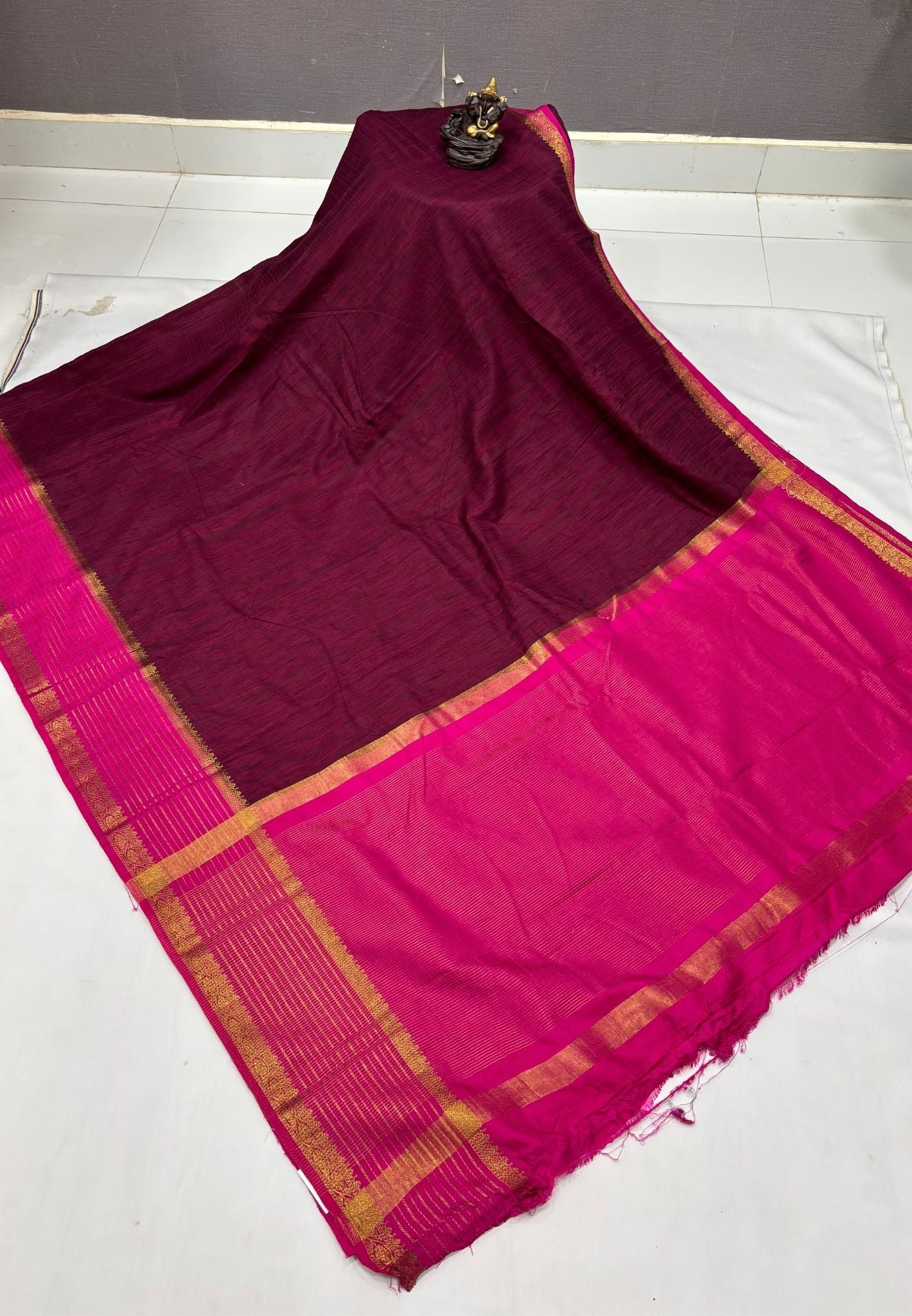 Raw Silk Saree-Maroon With Contrast Border